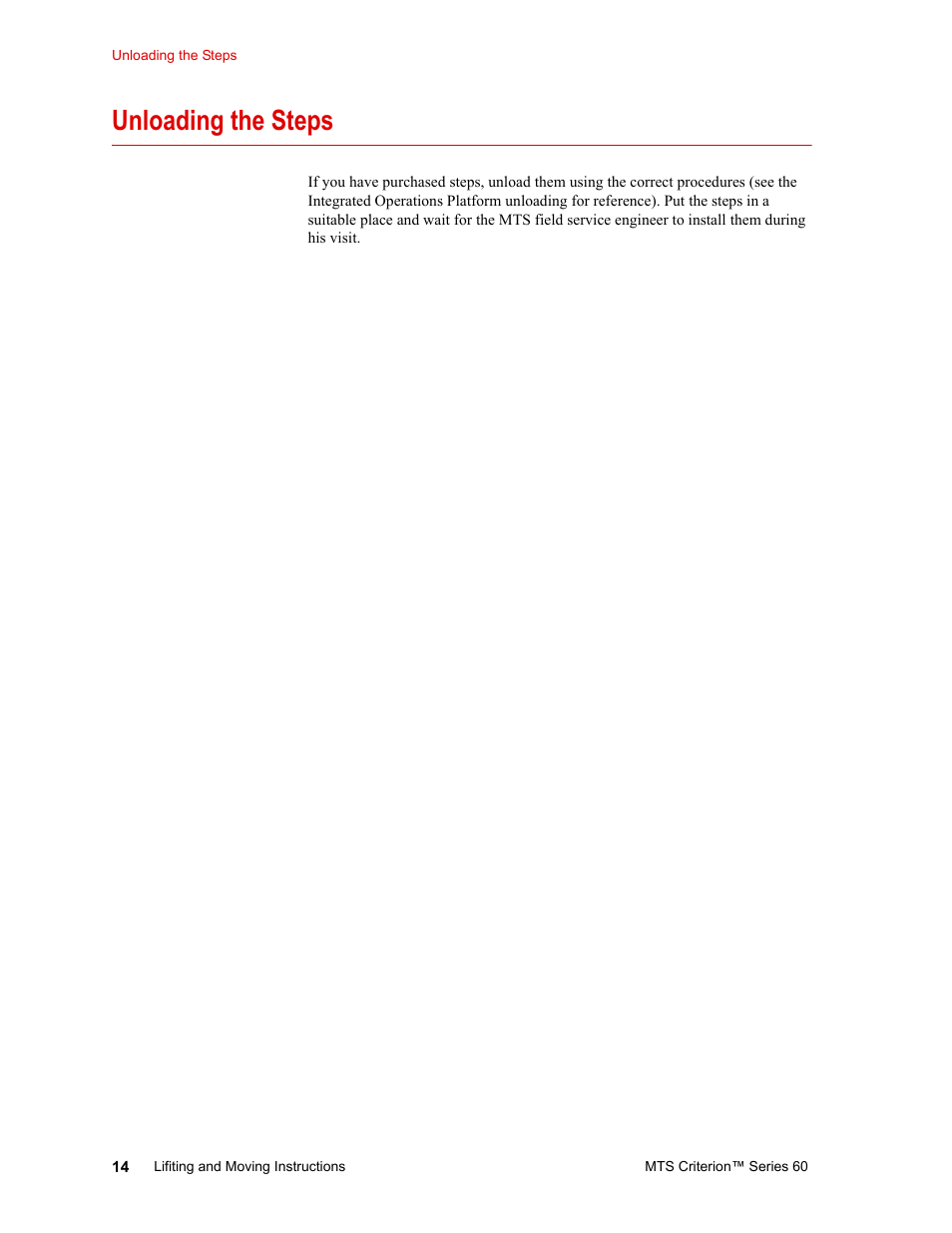Unloading the steps, Unloading the steps 14 | MTS Criterion 60 - Lifting and Moving Instructions User Manual | Page 14 / 15