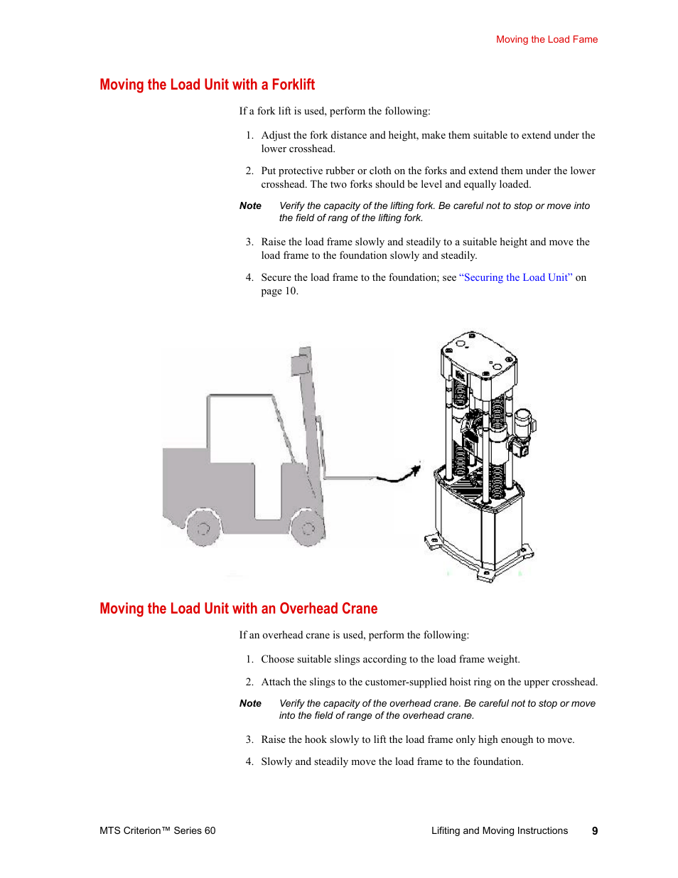 Moving the load unit with a forklift, Moving the load unit with an overhead crane, Moving the load unit with a forklift 9 | Moving the load unit with an overhead crane 9, 9 or | MTS Criterion 60 - Lifting and Moving Instructions User Manual | Page 9 / 15