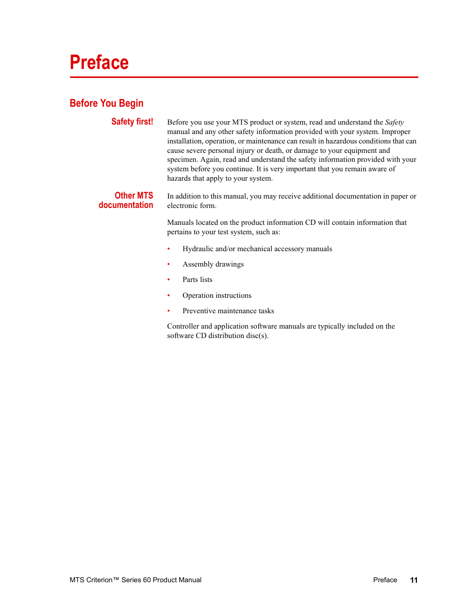 Preface, Before you begin, Preface 11 | Before you begin 11 | MTS Criterion 60 - Manual User Manual | Page 11 / 98