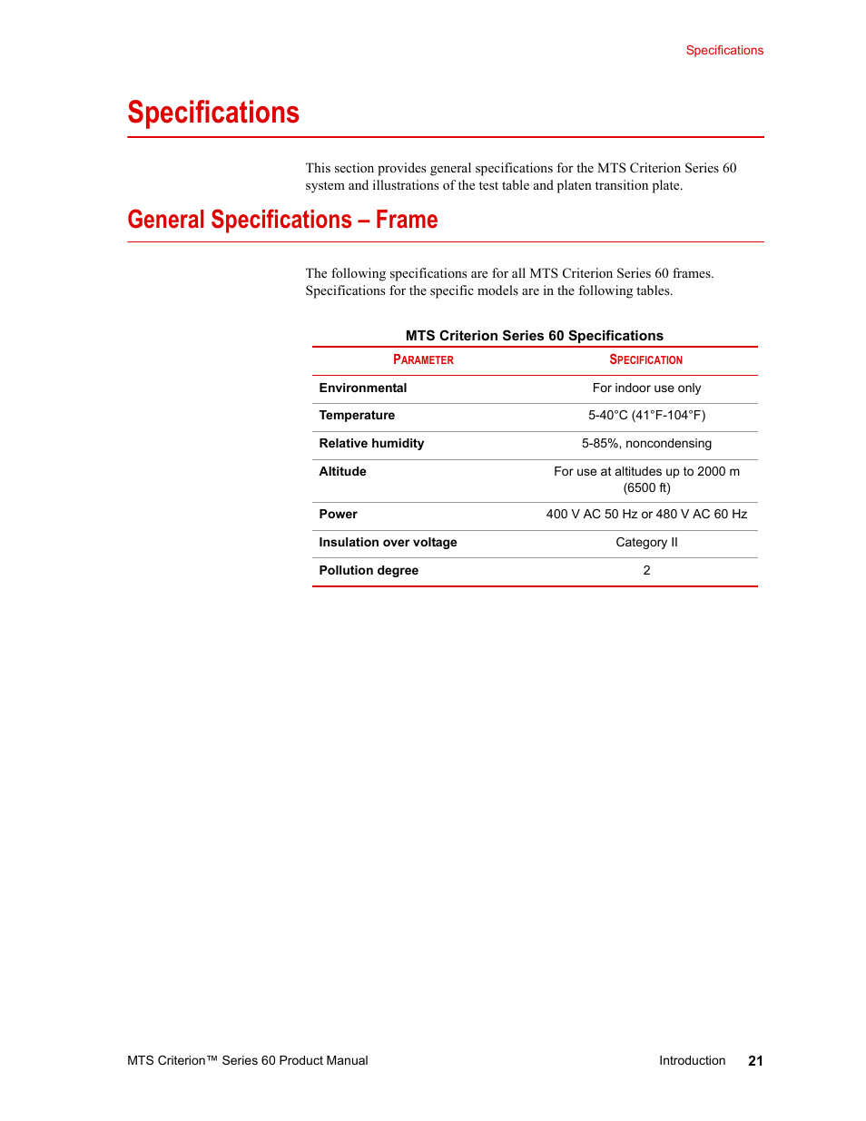 Specifications, General specifications – frame, Specifications 21 | General specifications – frame 21 | MTS Criterion 60 - Manual User Manual | Page 21 / 98