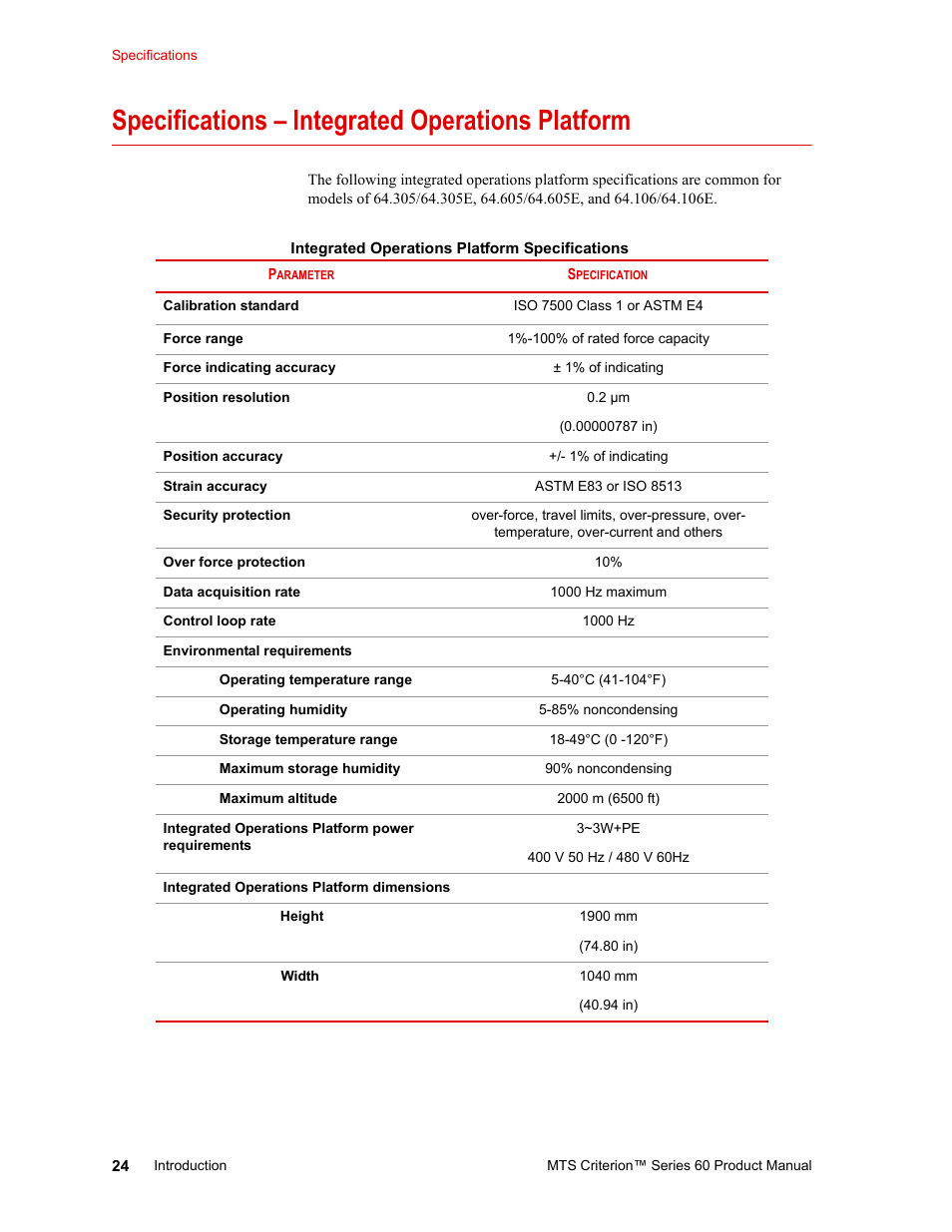 Specifications – integrated operations platform, Specifications – integrated operations platform 24 | MTS Criterion 60 - Manual User Manual | Page 24 / 98