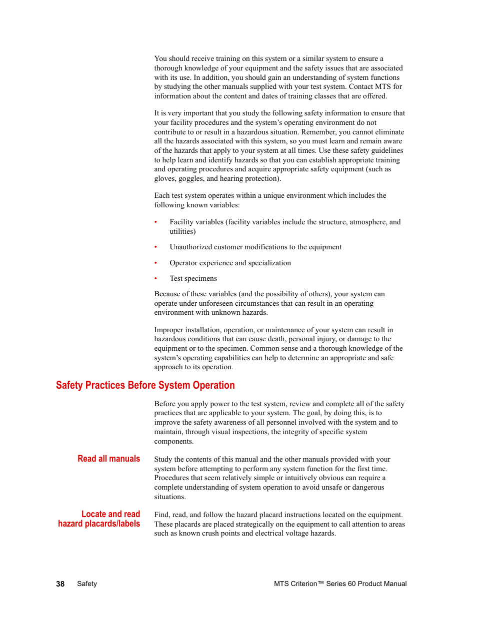 Safety practices before system operation, Safety practices before system operation 38 | MTS Criterion 60 - Manual User Manual | Page 38 / 98