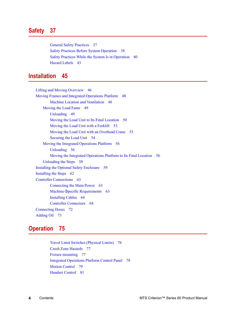 Safety 37, Installation 45, Operation 75 | MTS Criterion 60 - Manual User Manual | Page 4 / 98