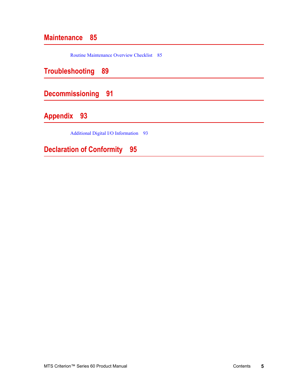 Maintenance 85, Declaration of conformity 95 | MTS Criterion 60 - Manual User Manual | Page 5 / 98