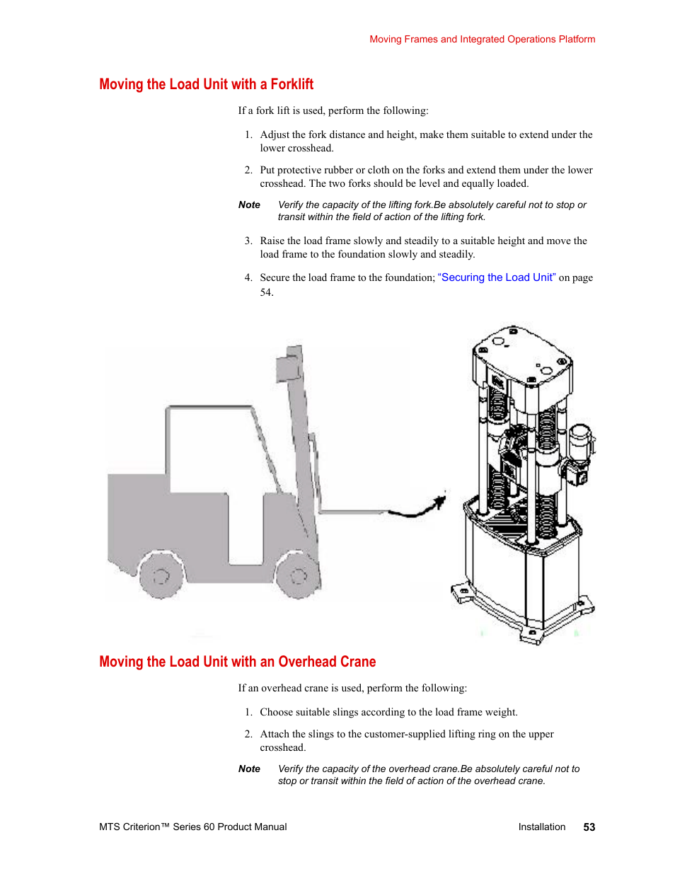 Moving the load unit with a forklift, Moving the load unit with an overhead crane | MTS Criterion 60 - Manual User Manual | Page 53 / 98