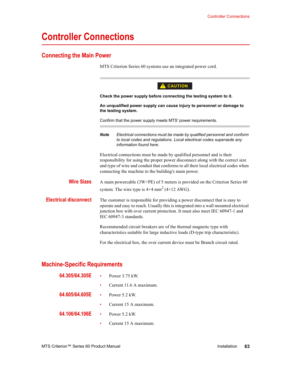Controller connections, Connecting the main power, Machine-specific requirements | Controller connections 63, Connecting the main power 63 machine, Machine- s pecific requirements | MTS Criterion 60 - Manual User Manual | Page 63 / 98