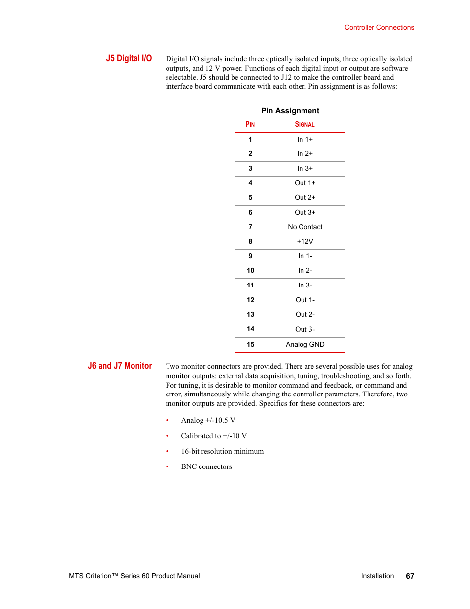 J5 digital i/o, J6 and j7 monitor | MTS Criterion 60 - Manual User Manual | Page 67 / 98