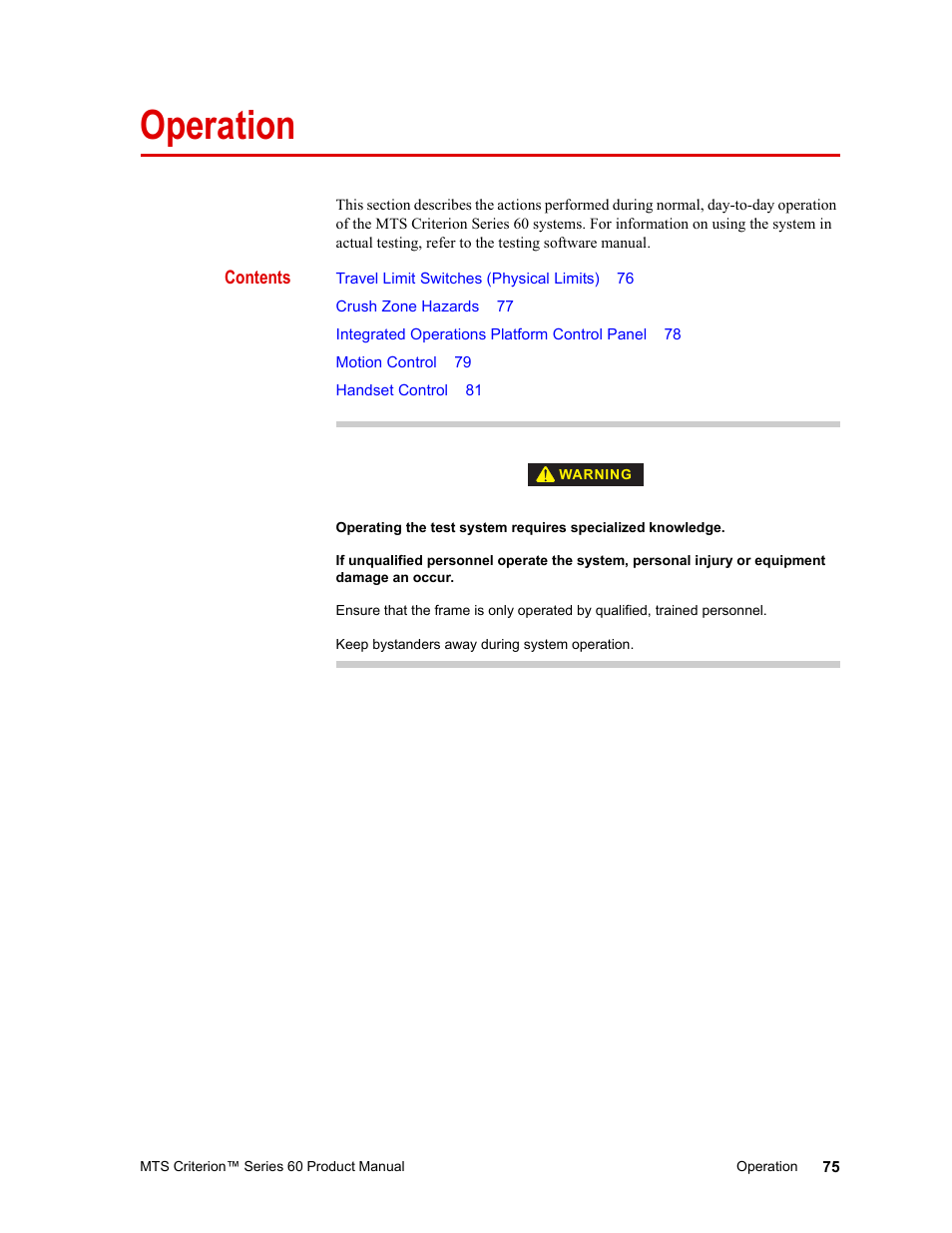 Operation, Operation 75 | MTS Criterion 60 - Manual User Manual | Page 75 / 98