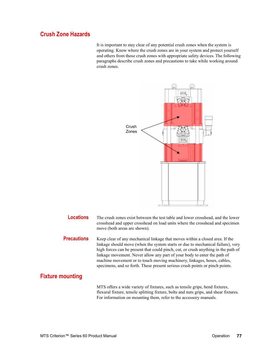 Crush zone hazards, Fixture mounting, Crush zone hazards 77 fixture mounting 77 | Crush zone hazards 77 | MTS Criterion 60 - Manual User Manual | Page 77 / 98