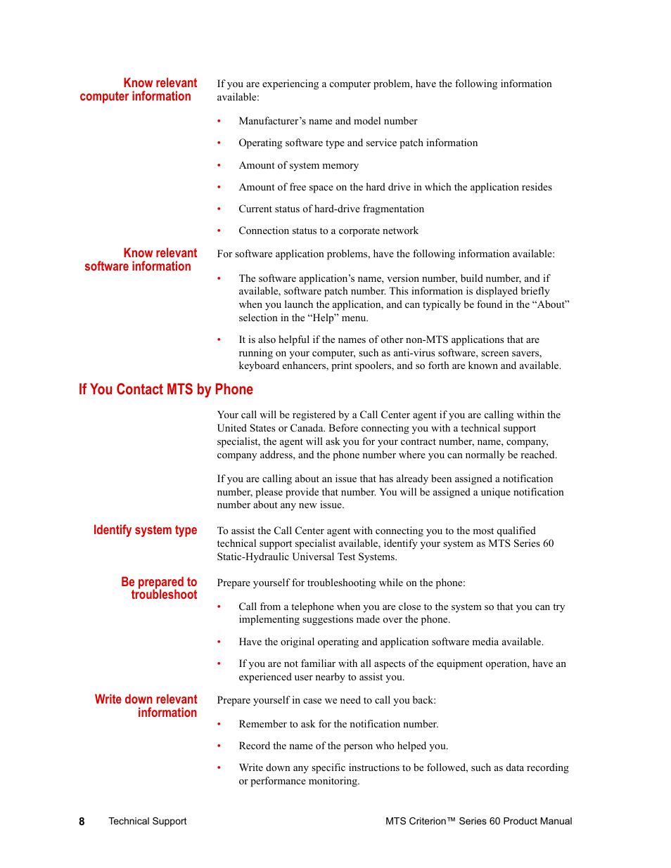 If you contact mts by phone, If you contact mts by phone 8 | MTS Criterion 60 - Manual User Manual | Page 8 / 98