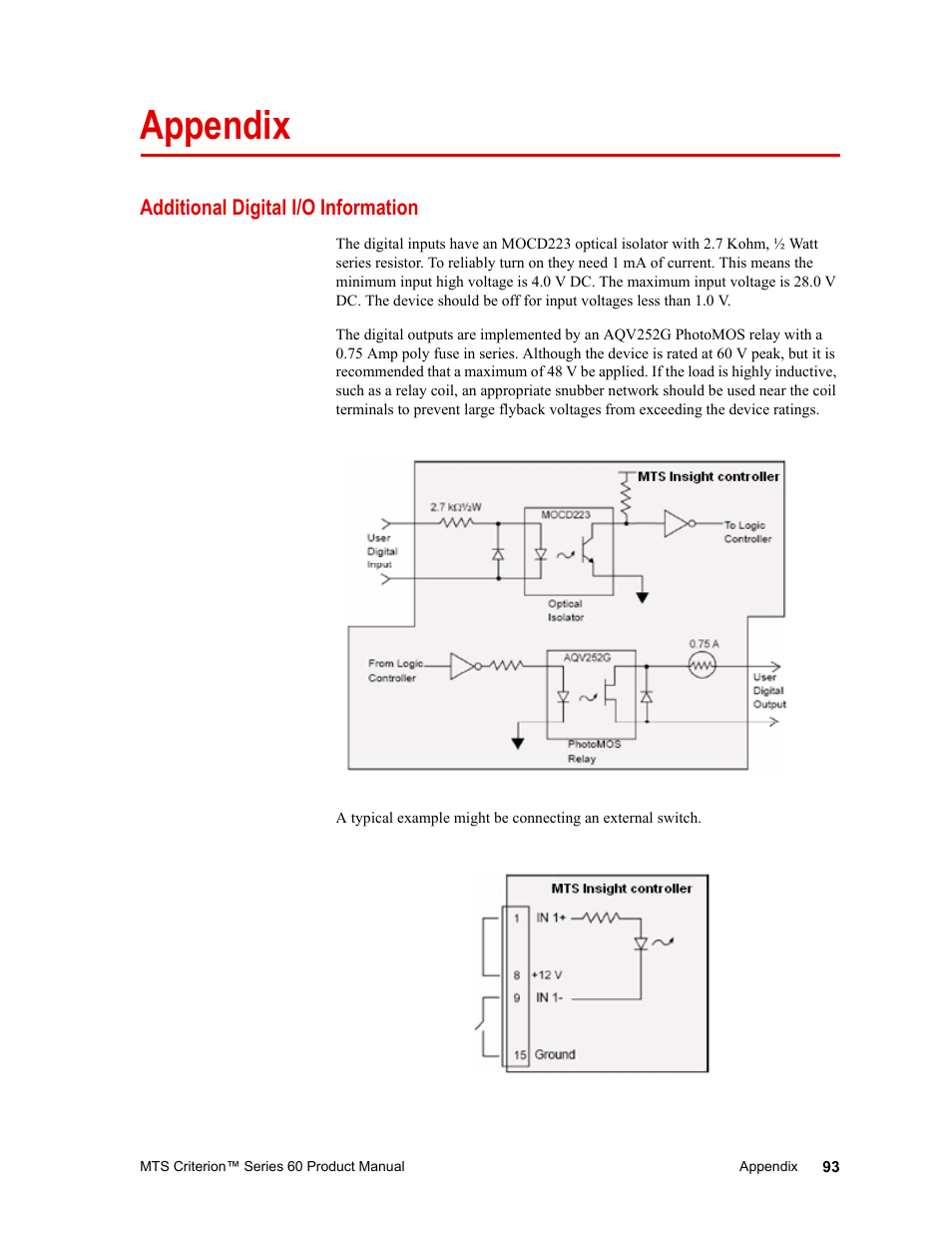 Appendix, Additional digital i/o information, Appendix 93 | Additional digital i/o information 93 | MTS Criterion 60 - Manual User Manual | Page 93 / 98