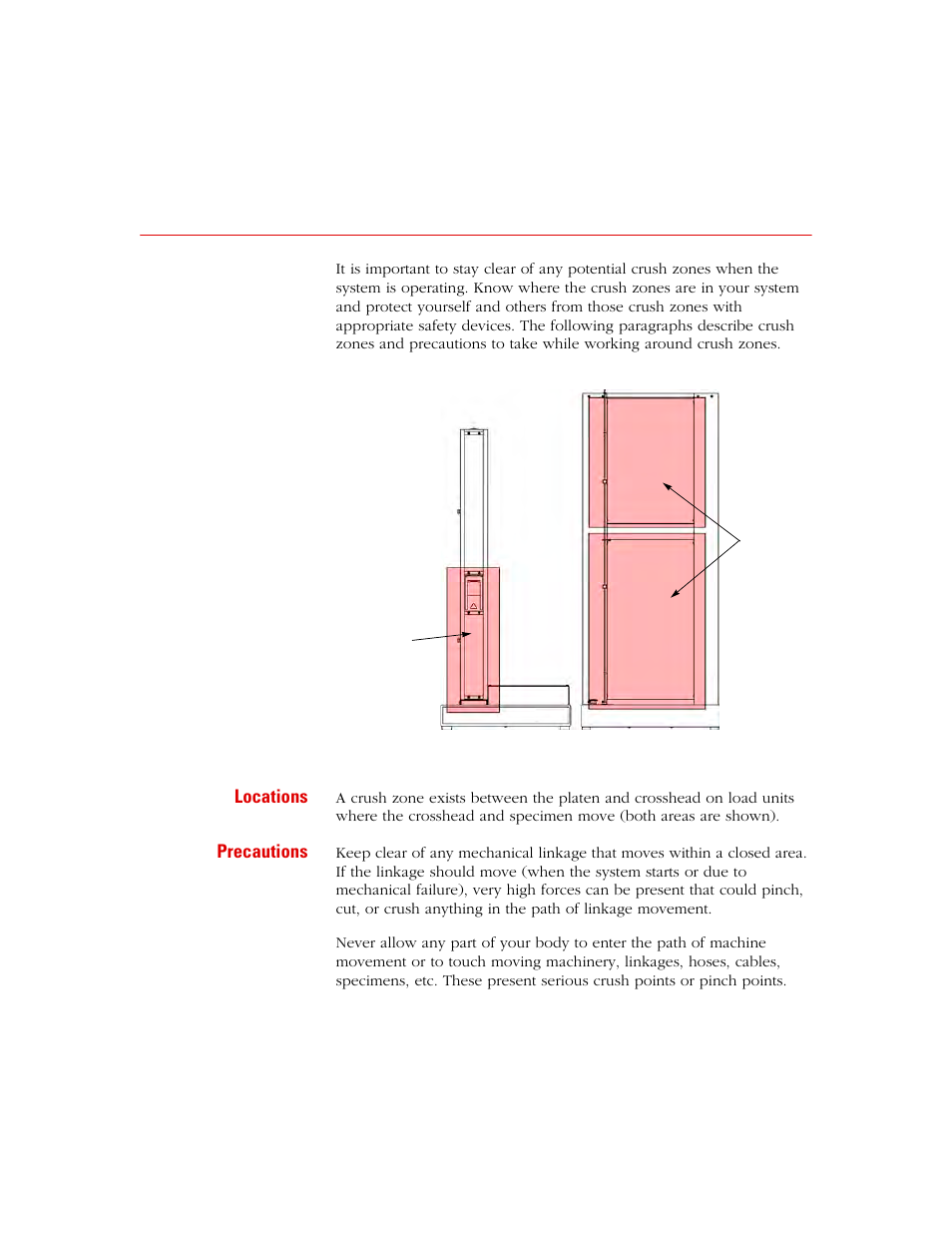 Crush zone hazards, Crush zone hazards 62 | MTS Insight - 1kN to 300kN User Manual | Page 62 / 76