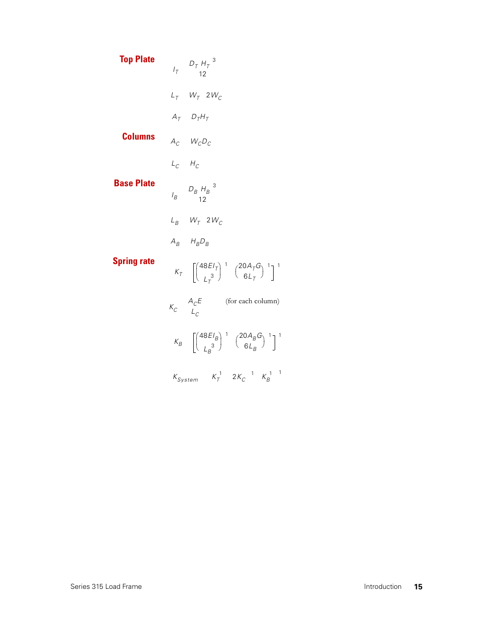 Top plate columns base plate spring rate | MTS Series 315 Load Frame User Manual | Page 15 / 34