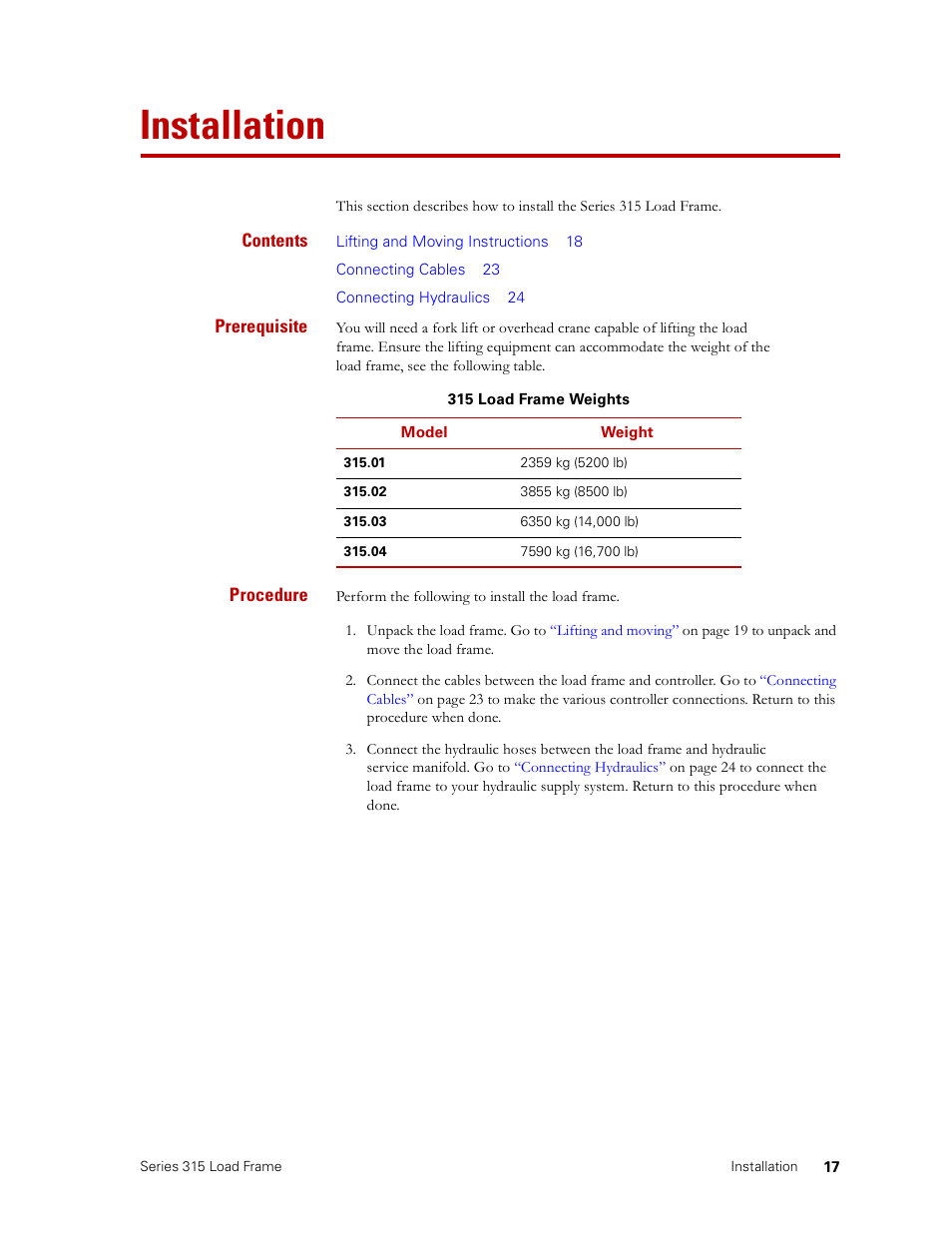 Installation, Installation 17 | MTS Series 315 Load Frame User Manual | Page 17 / 34
