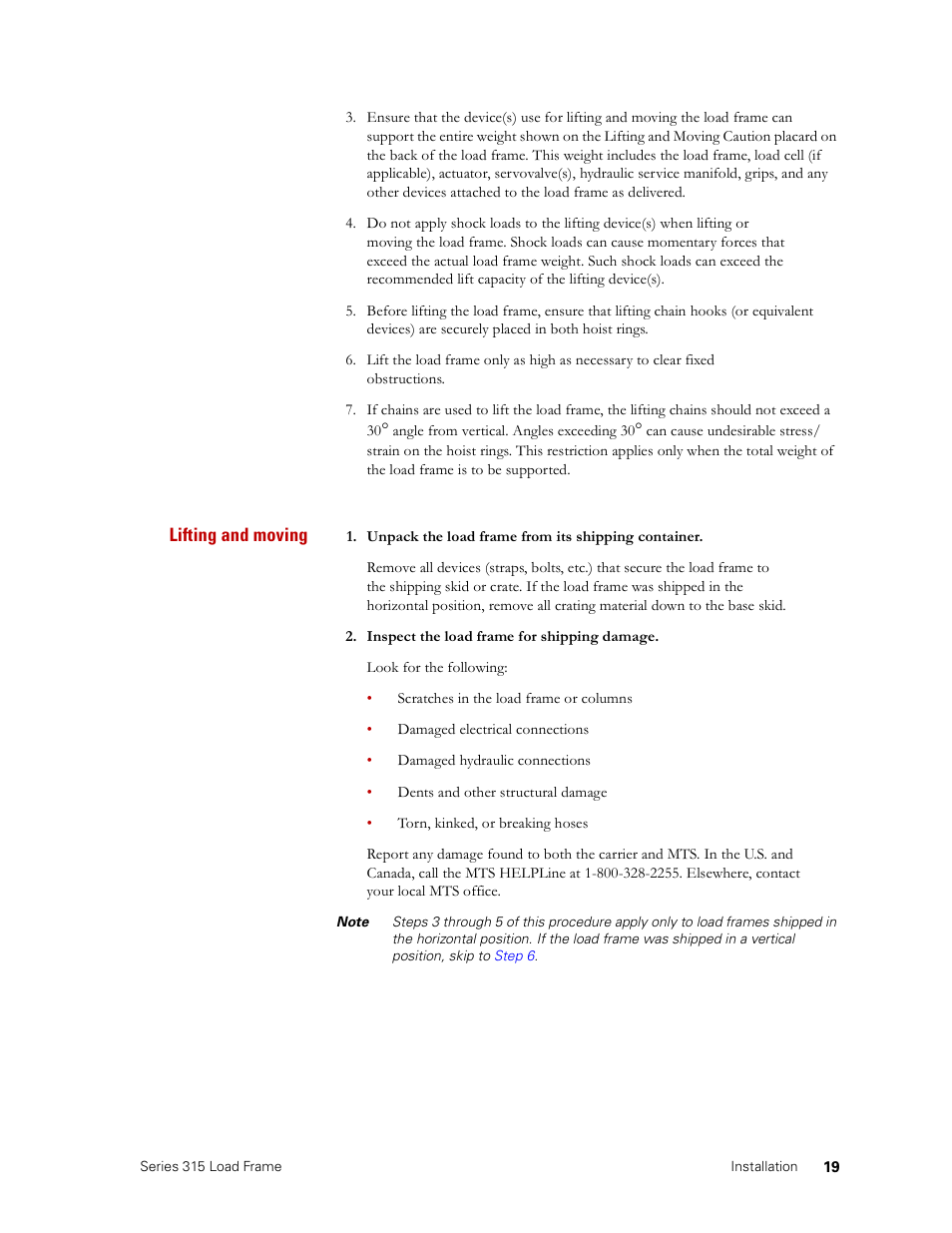 Lifting and moving | MTS Series 315 Load Frame User Manual | Page 19 / 34