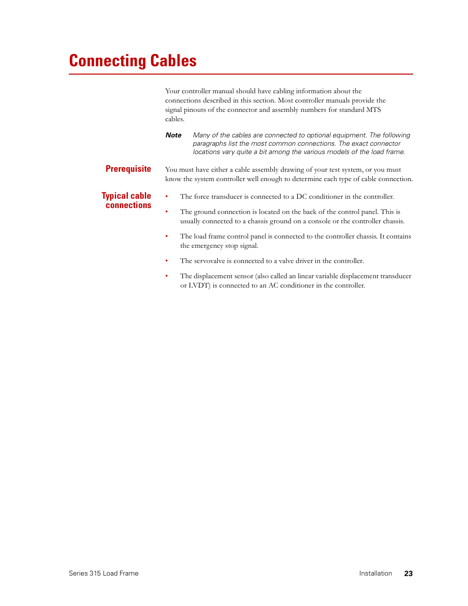 Connecting cables, Connecting cables 23, Connecting | Cables | MTS Series 315 Load Frame User Manual | Page 23 / 34