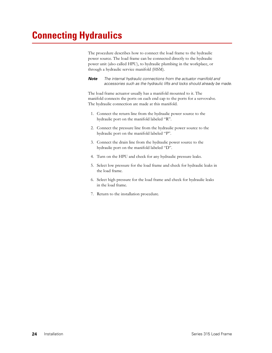 Connecting hydraulics, Connecting hydraulics 24 | MTS Series 315 Load Frame User Manual | Page 24 / 34