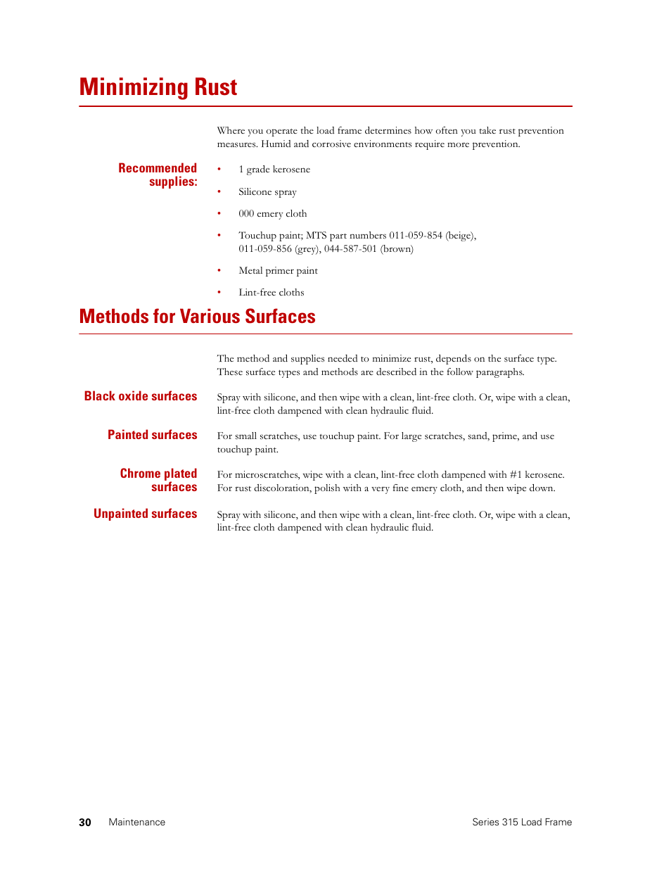 Minimizing rust, Methods for various surfaces, Minimizing rust 30 | Methods for various surfaces 30 | MTS Series 315 Load Frame User Manual | Page 30 / 34