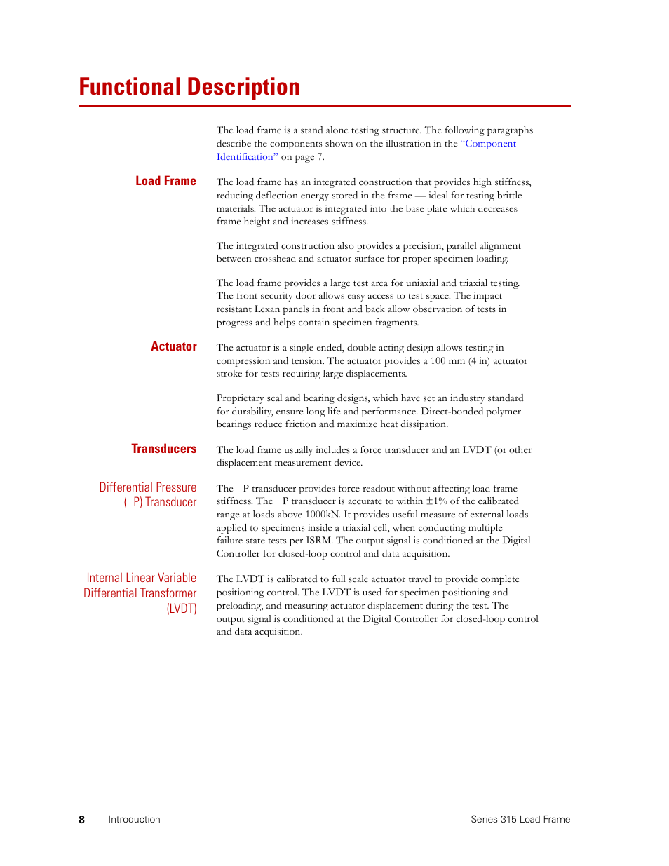 Functional description, Functional description 8 | MTS Series 315 Load Frame User Manual | Page 8 / 34