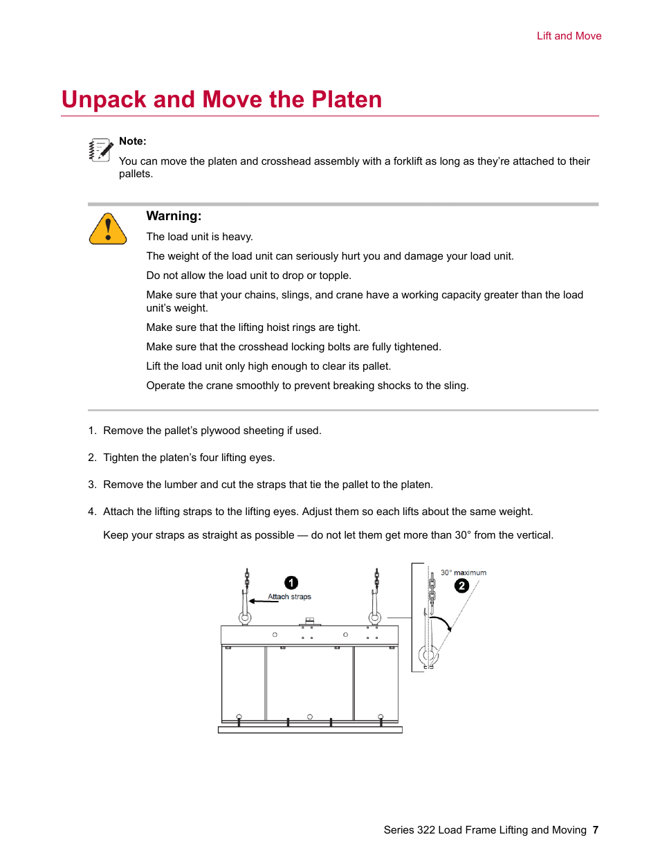 Unpack and move the platen | MTS Series 322 Load Frame Lifting and Moving User Manual | Page 7 / 16