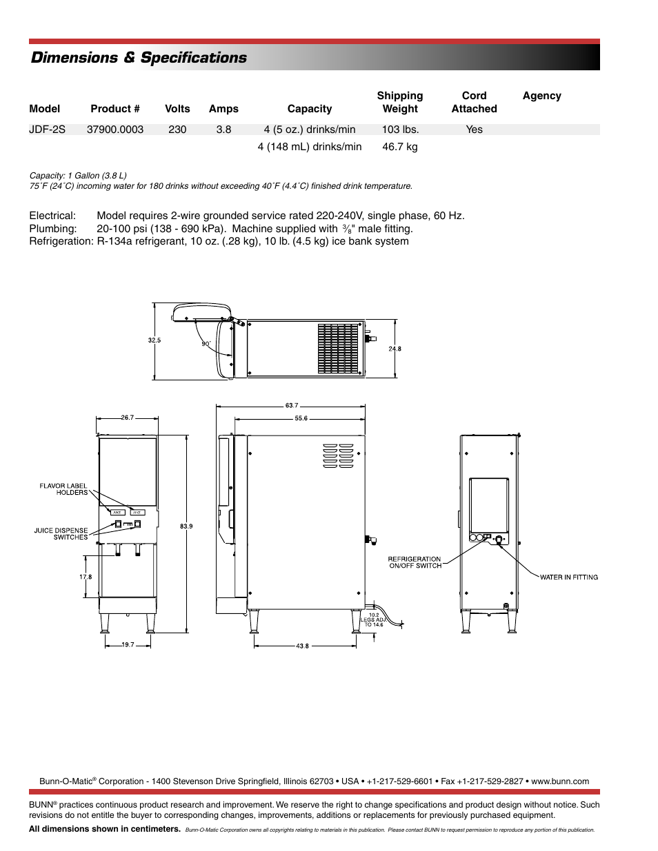 Dimensions & speciﬁcations | Bunn GOURMET JUICE JDF-2S User Manual | Page 2 / 2