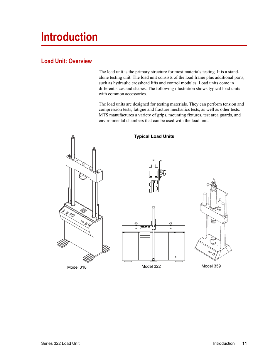 Introduction, Load unit: overview | MTS Series 322 Load Frames User Manual | Page 11 / 96