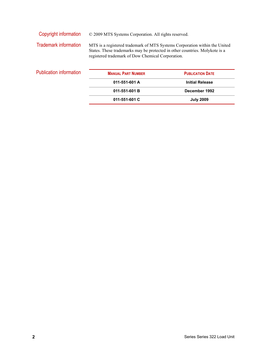 Copyright information, Trademark information, Publication information | MTS Series 322 Load Frames User Manual | Page 2 / 96