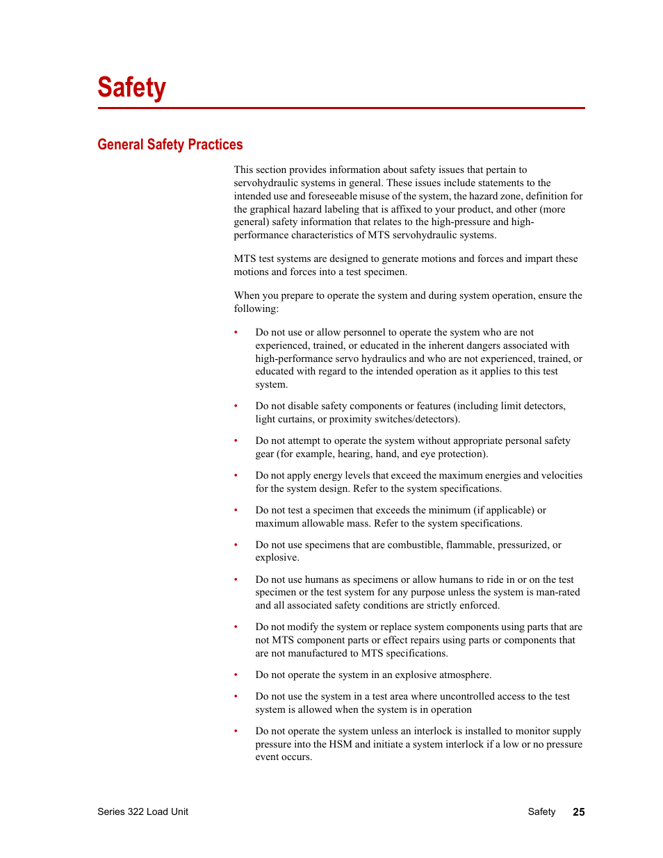 Safety, General safety practices | MTS Series 322 Load Frames User Manual | Page 25 / 96