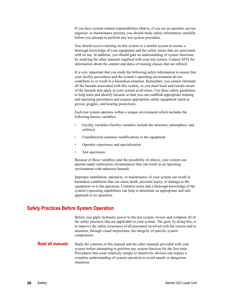 Safety practices before system operation | MTS Series 322 Load Frames User Manual | Page 26 / 96