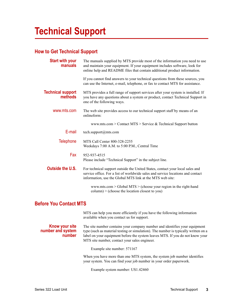 Technical support, How to get technical support, Before you contact mts | MTS Series 322 Load Frames User Manual | Page 3 / 96