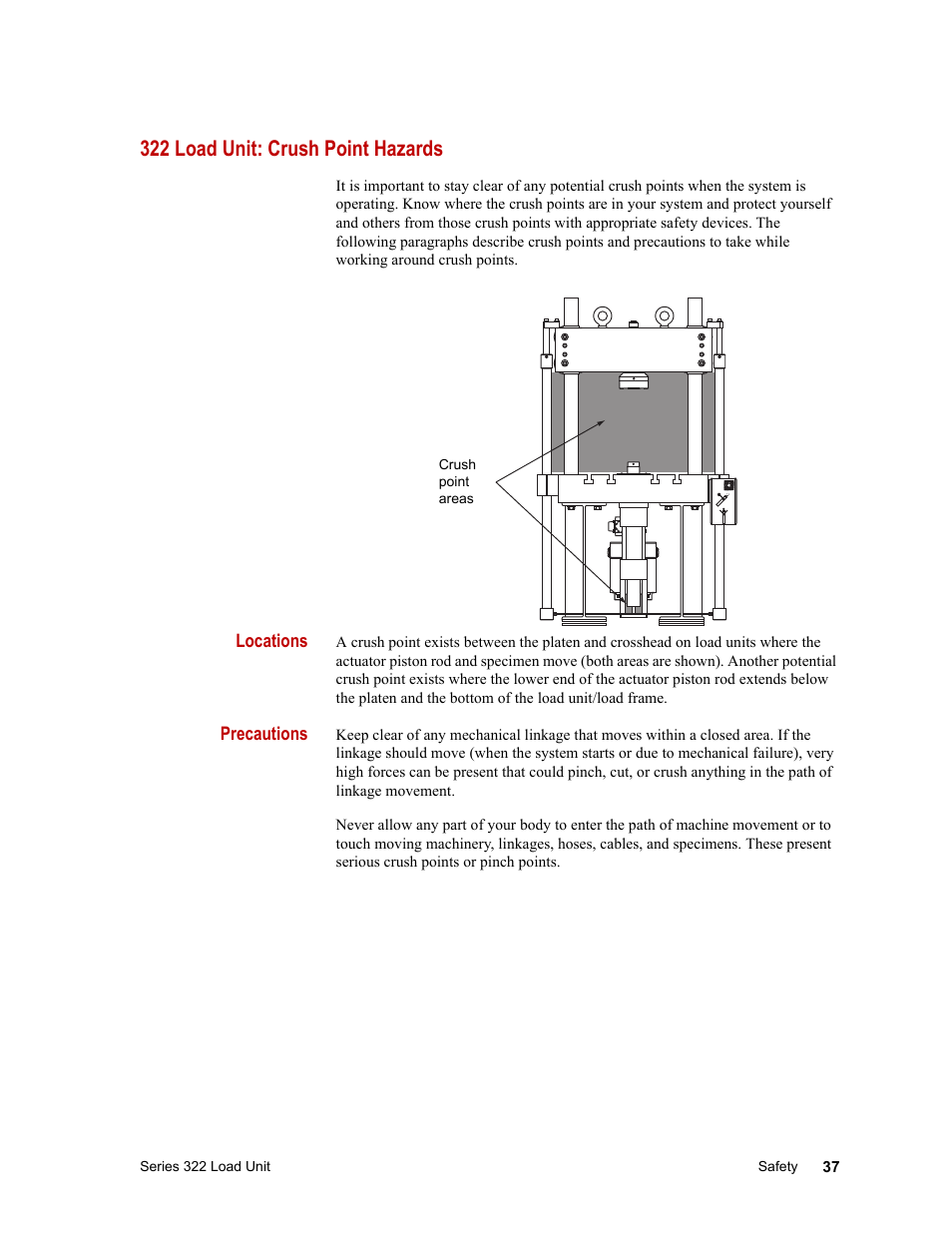 322 load unit: crush point hazards | MTS Series 322 Load Frames User Manual | Page 37 / 96