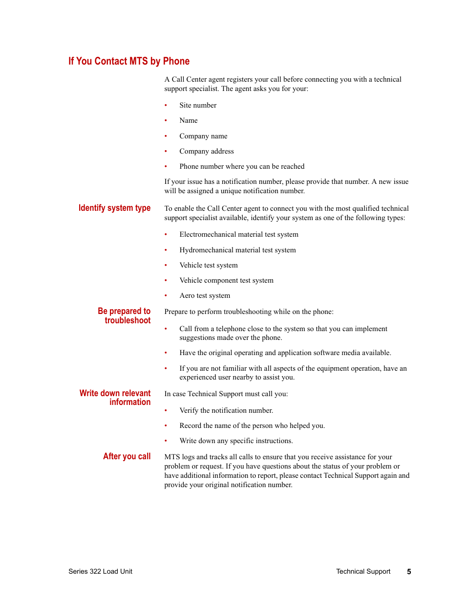 If you contact mts by phone | MTS Series 322 Load Frames User Manual | Page 5 / 96