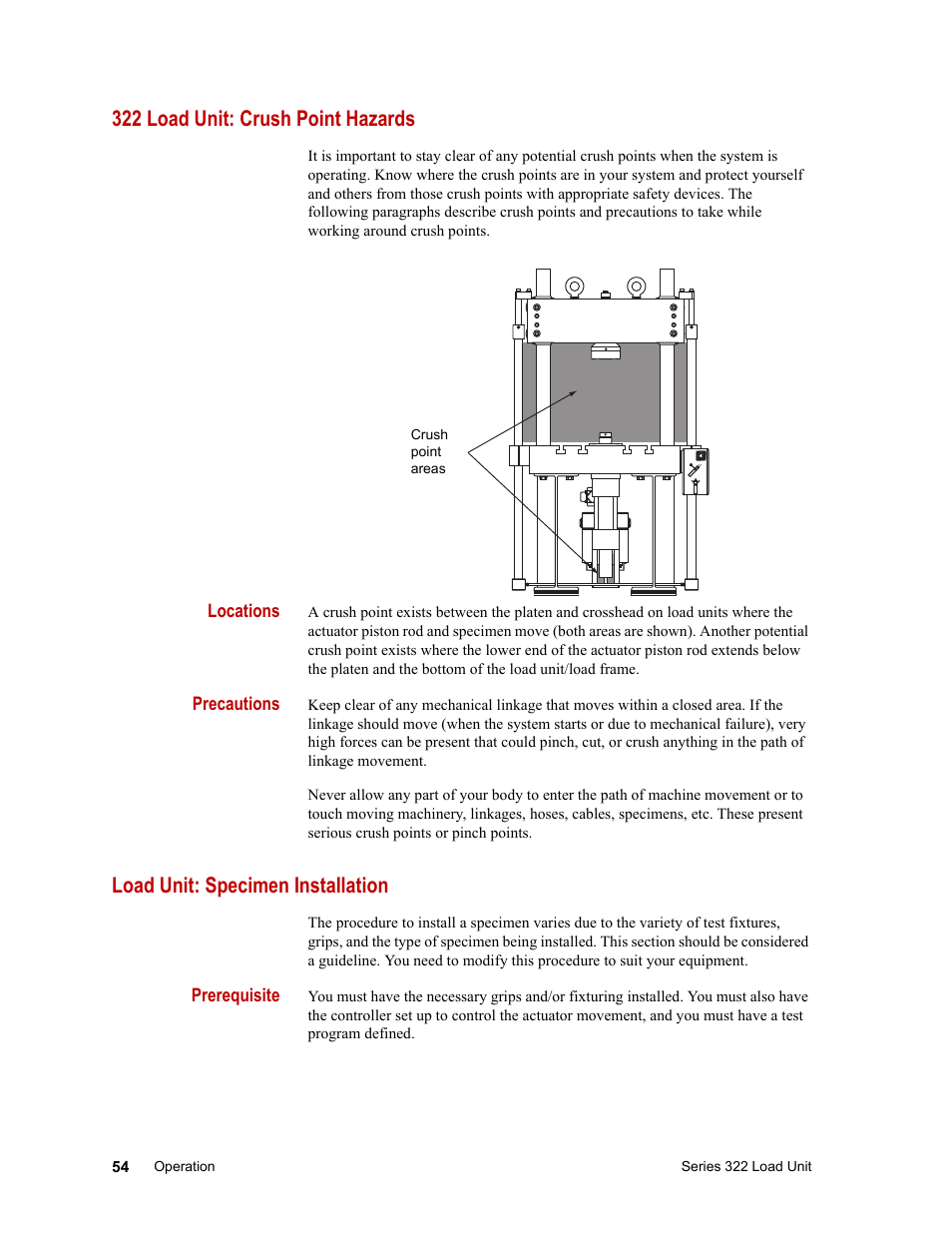 322 load unit: crush point hazards, Load unit: specimen installation | MTS Series 322 Load Frames User Manual | Page 54 / 96