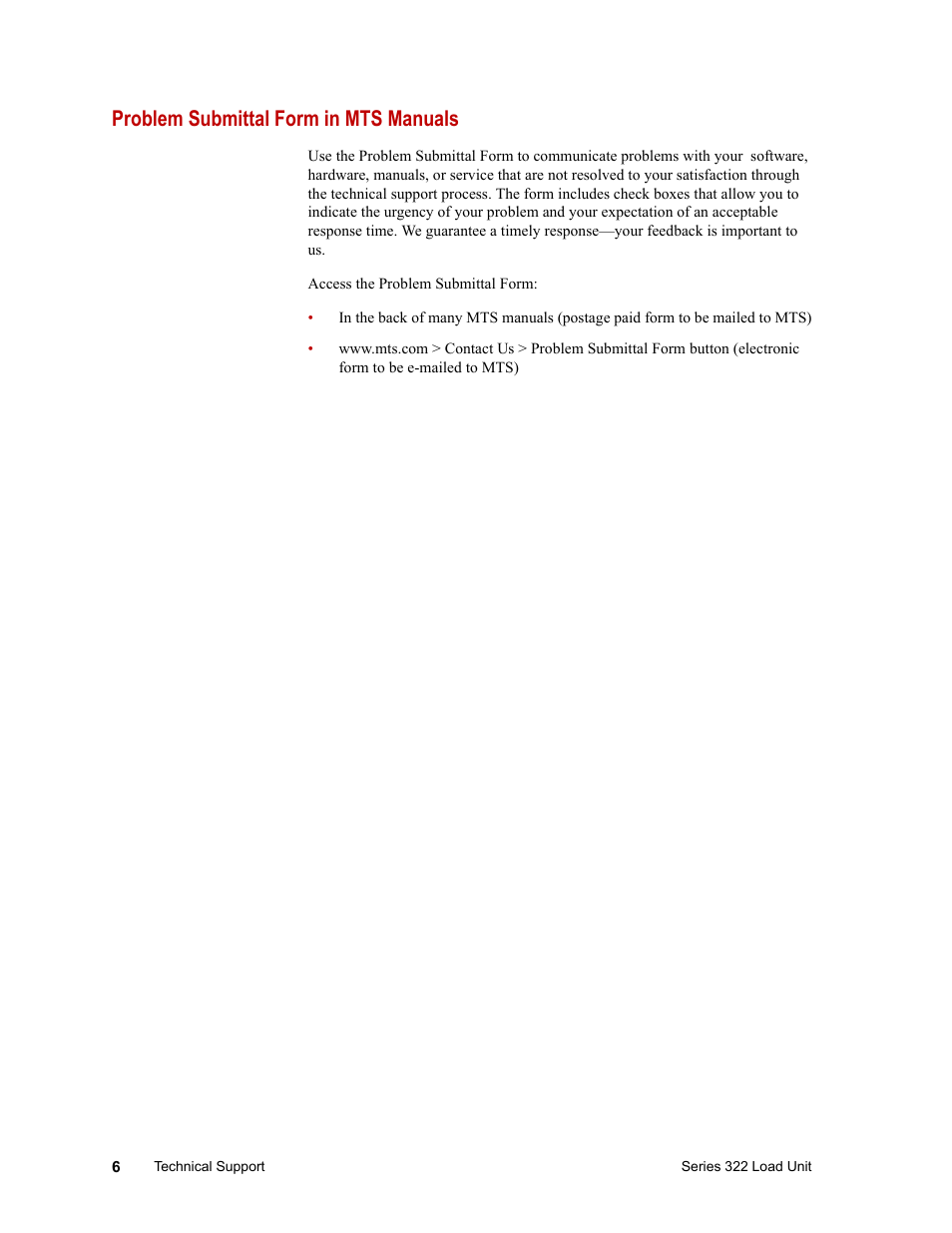 Problem submittal form in mts manuals | MTS Series 322 Load Frames User Manual | Page 6 / 96