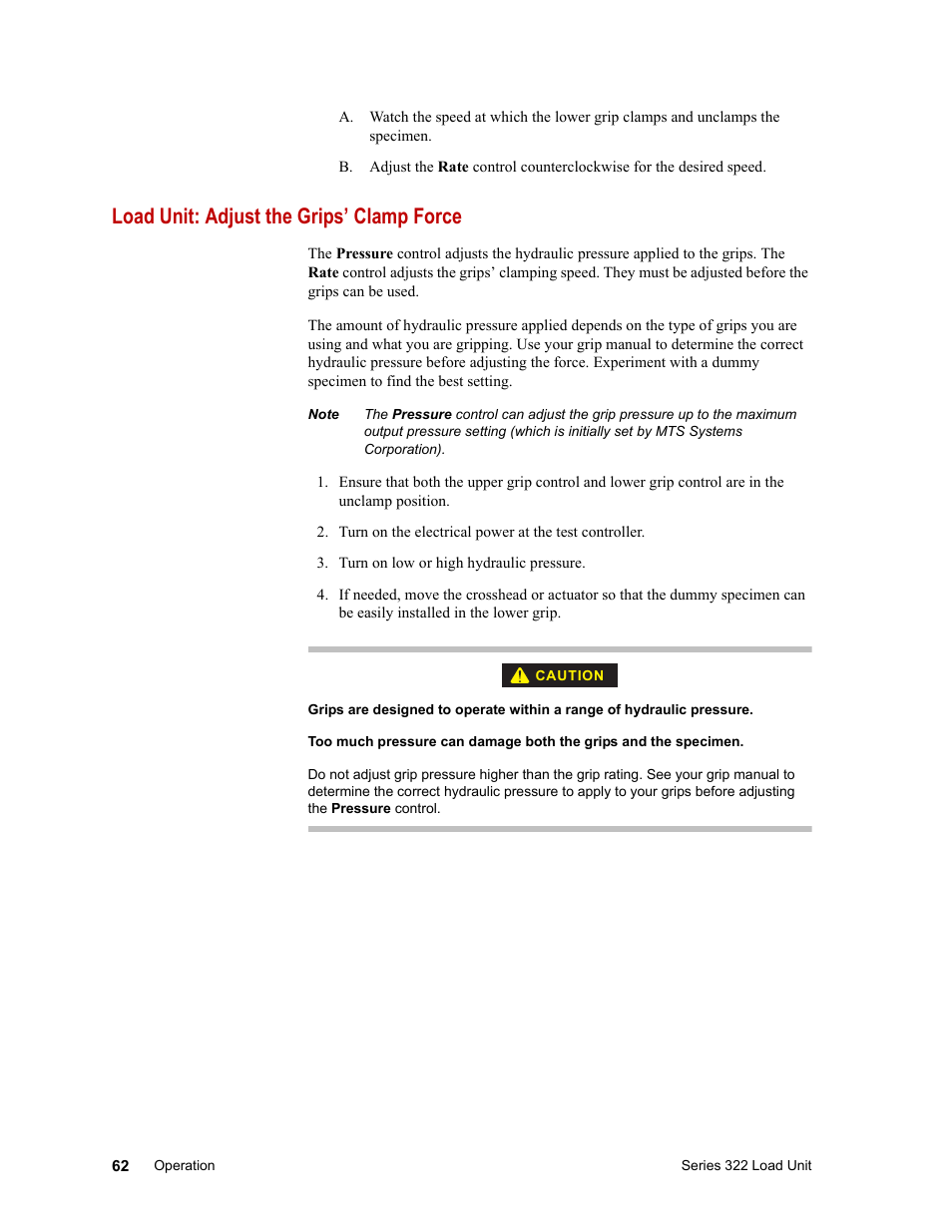 Load unit: adjust the grips’ clamp force | MTS Series 322 Load Frames User Manual | Page 62 / 96