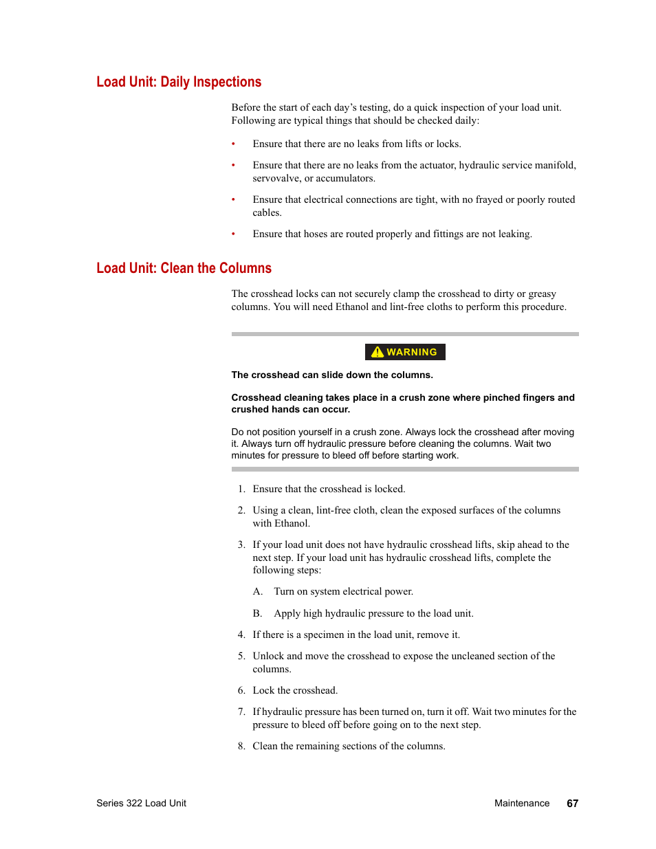 Load unit: daily inspections, Load unit: clean the columns, Load unit: daily inspections 67 | Load unit: clean the columns 67 | MTS Series 322 Load Frames User Manual | Page 67 / 96