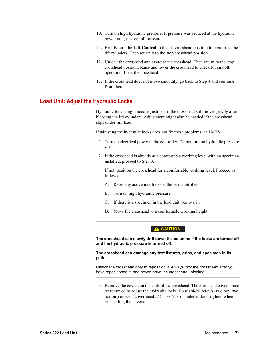 Load unit: adjust the hydraulic locks, Load unit: adjust the hydraulic locks 71 | MTS Series 322 Load Frames User Manual | Page 71 / 96