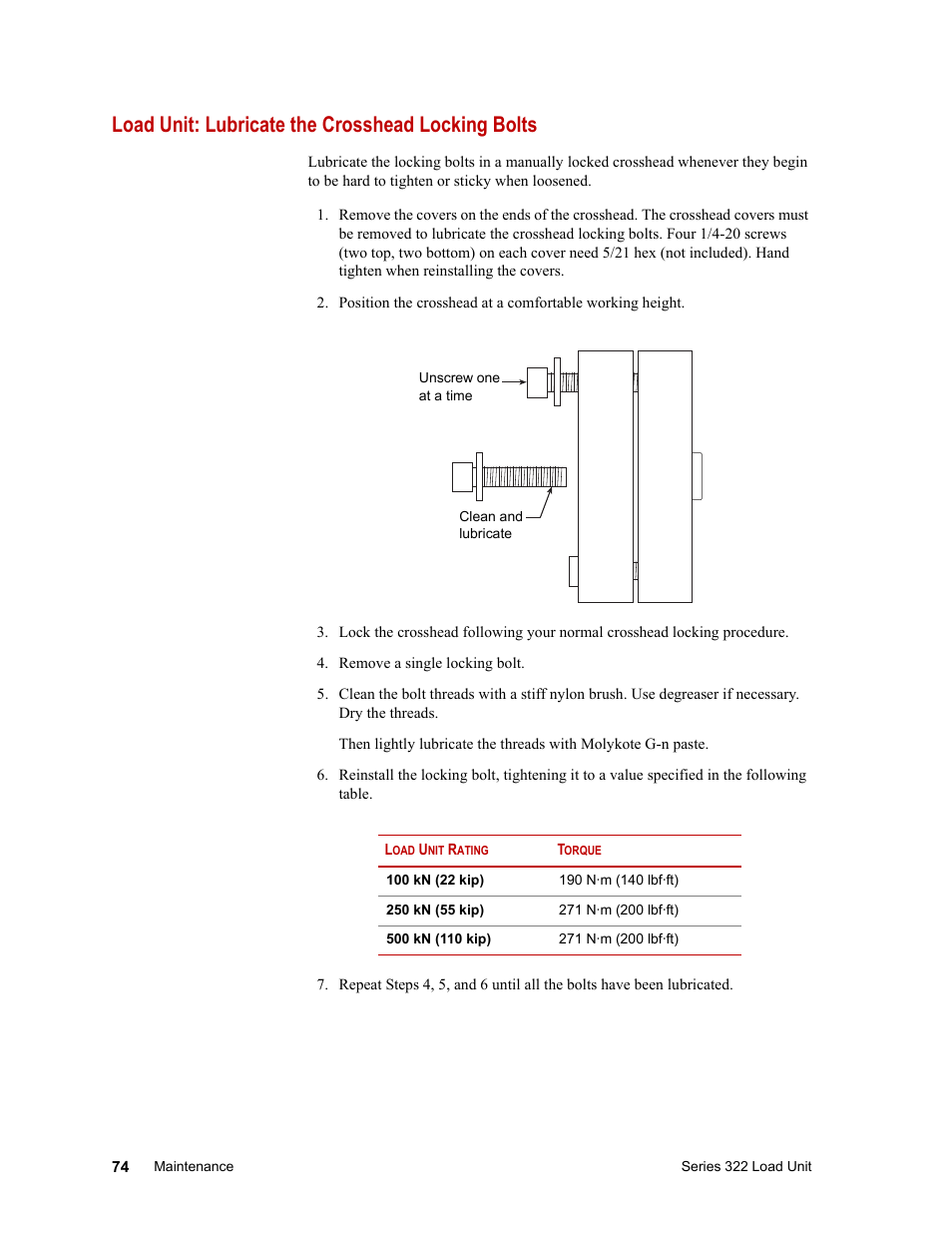 Load unit: lubricate the crosshead locking bolts | MTS Series 322 Load Frames User Manual | Page 74 / 96