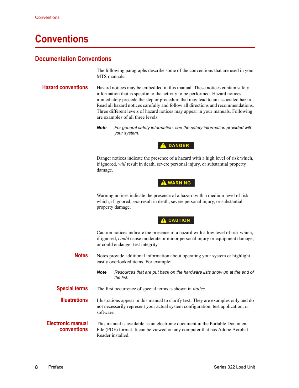 Conventions, Documentation conventions | MTS Series 322 Load Frames User Manual | Page 8 / 96