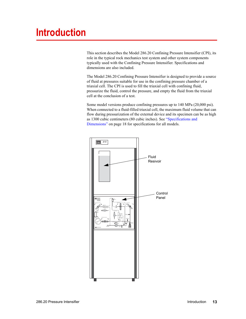 Introduction, Introduction 13, 20 pressure intensifier introduction | Fluid resivoir control panel | MTS Model 286-20 Confining Pressure Intensifier User Manual | Page 13 / 46