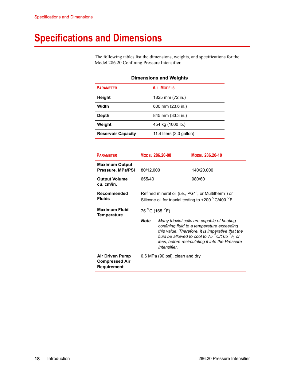 Specifications and dimensions, Specifications and dimensions 18, Ches). see | Specifications and, Dimensions | MTS Model 286-20 Confining Pressure Intensifier User Manual | Page 18 / 46