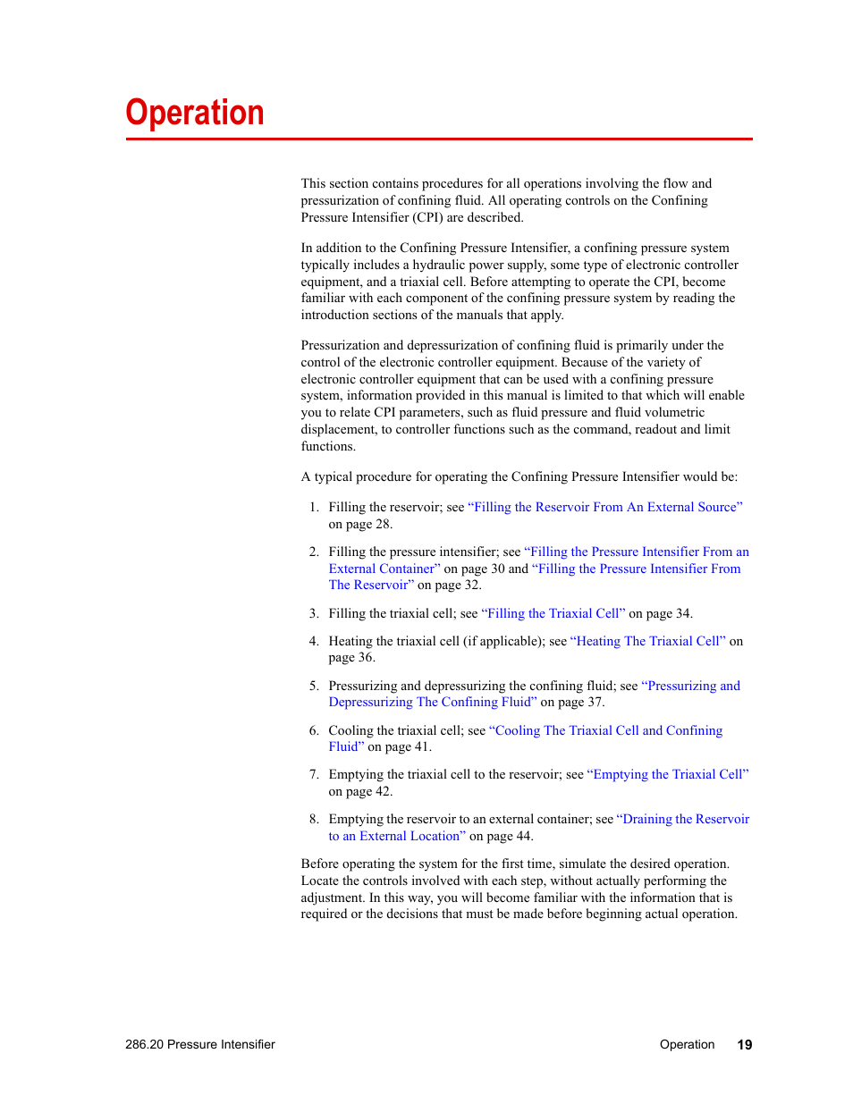 Operation, Operation 19 | MTS Model 286-20 Confining Pressure Intensifier User Manual | Page 19 / 46