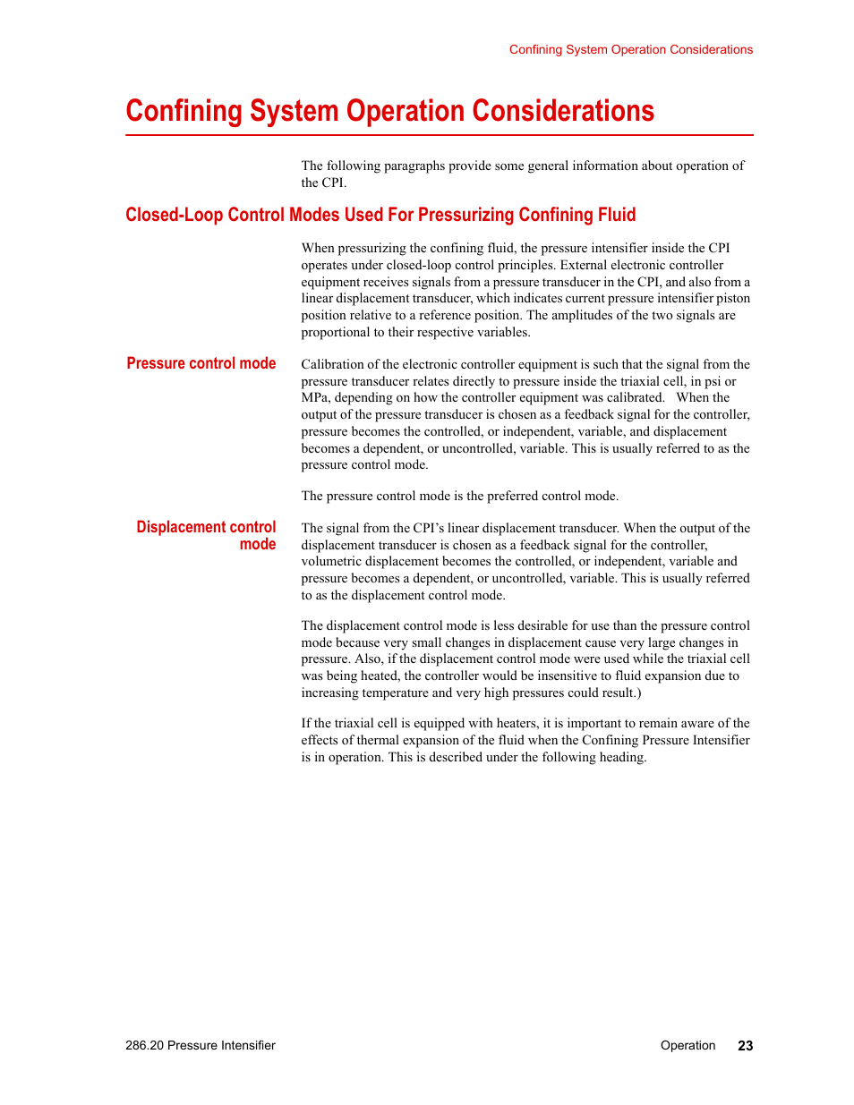 Confining system operation considerations, Confining system operation considerations 23 | MTS Model 286-20 Confining Pressure Intensifier User Manual | Page 23 / 46