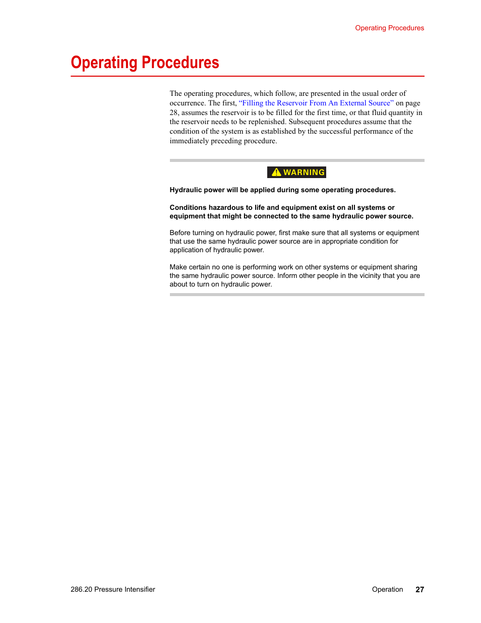 Operating procedures, Operating procedures 27 | MTS Model 286-20 Confining Pressure Intensifier User Manual | Page 27 / 46