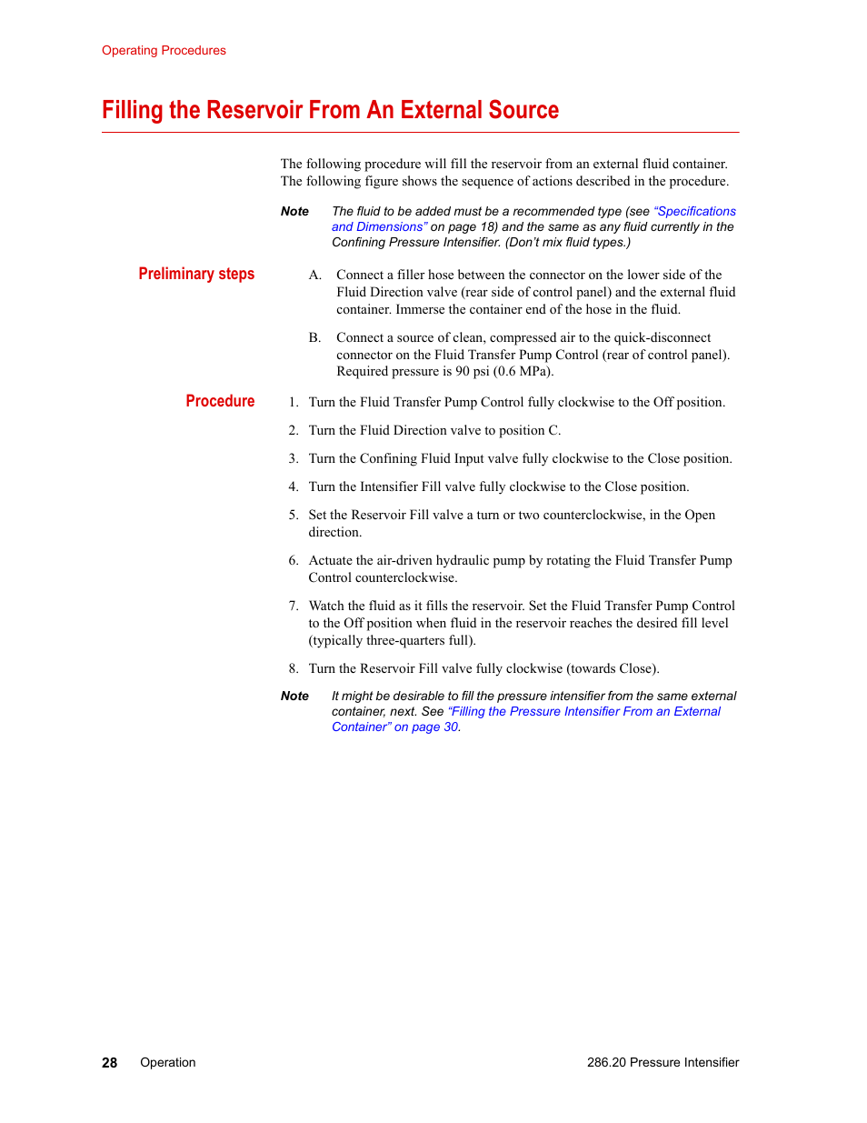 Filling the reservoir from an external source, Filling the reservoir from an external source 28 | MTS Model 286-20 Confining Pressure Intensifier User Manual | Page 28 / 46