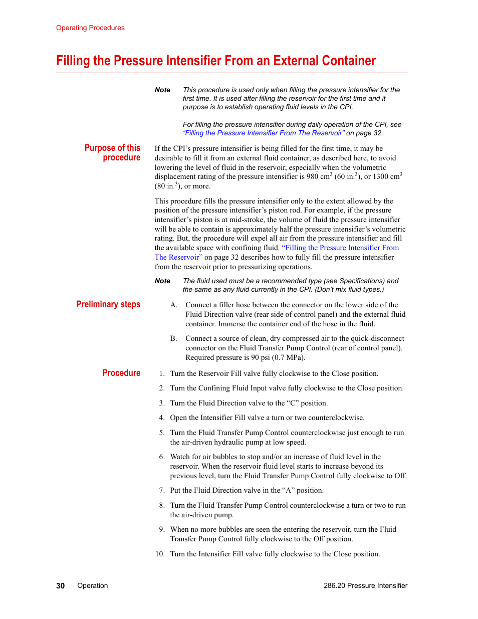 Filling the pressure intensifier from an, External container, Xt. see | Filling the pressure intensifier from an external | MTS Model 286-20 Confining Pressure Intensifier User Manual | Page 30 / 46