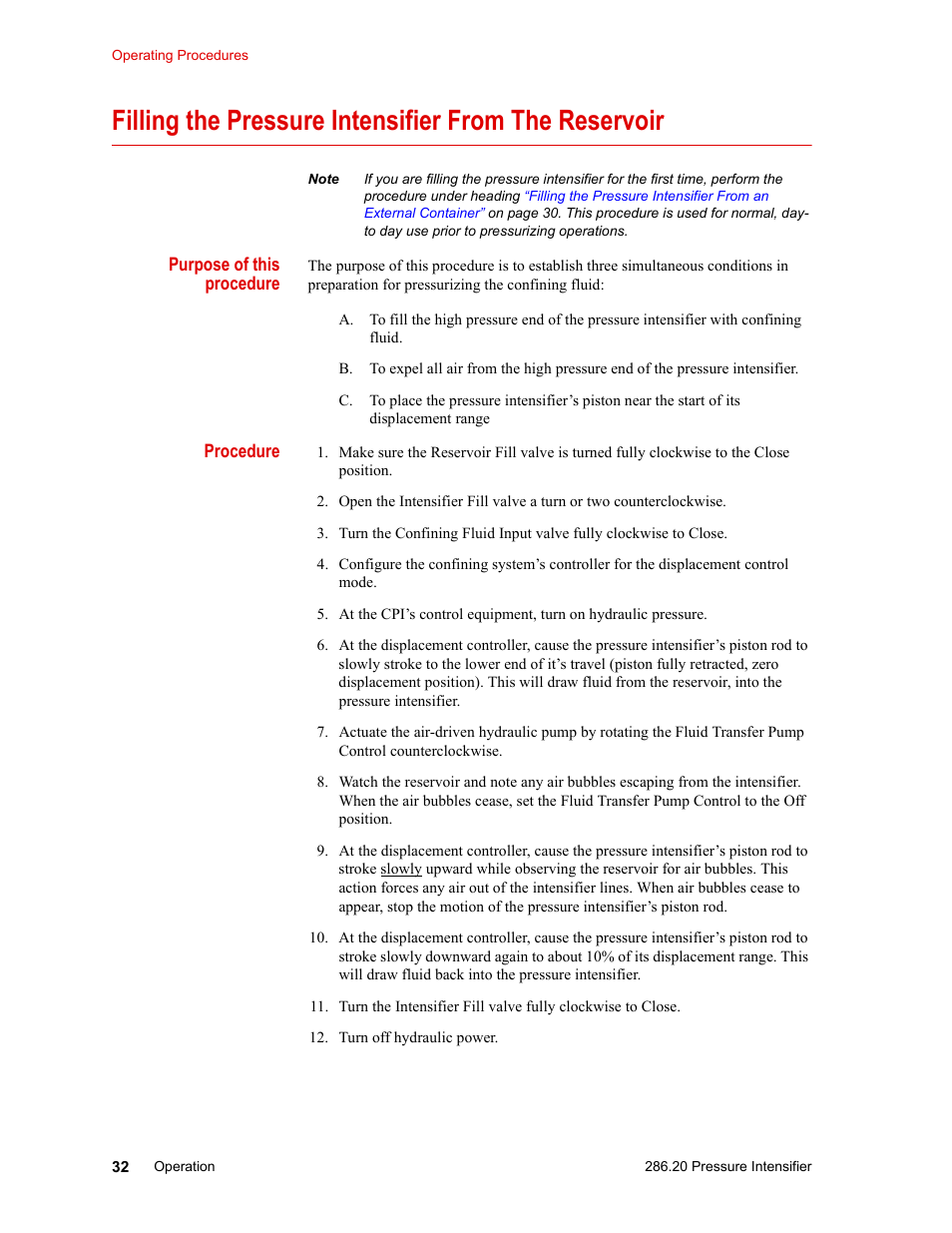 Filling the pressure intensifier from, The reservoir | MTS Model 286-20 Confining Pressure Intensifier User Manual | Page 32 / 46