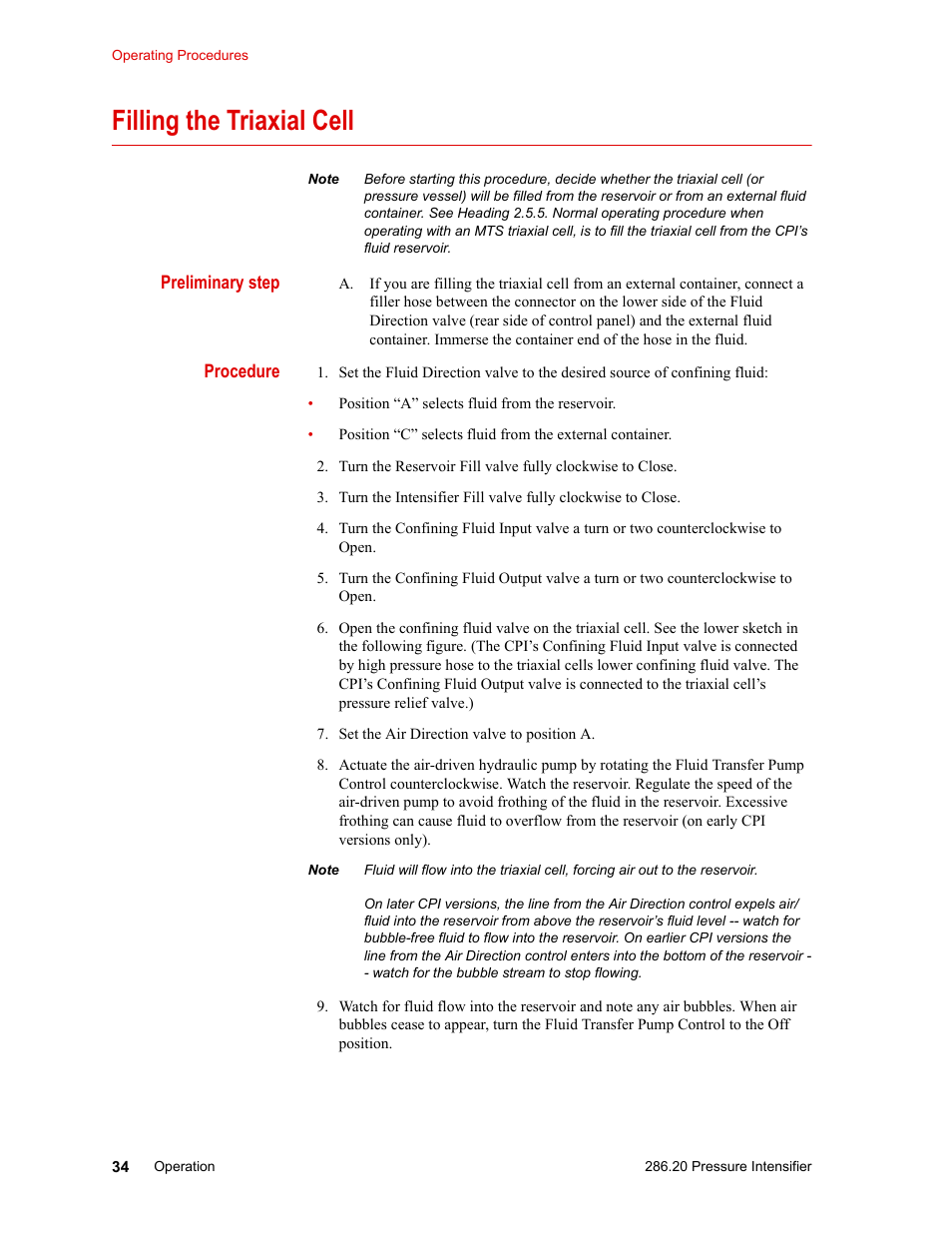Filling the triaxial cell, Filling the triaxial cell 34 | MTS Model 286-20 Confining Pressure Intensifier User Manual | Page 34 / 46