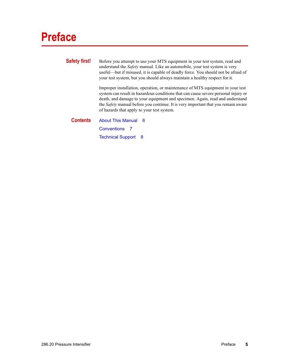 Preface, Preface 5 | MTS Model 286-20 Confining Pressure Intensifier User Manual | Page 5 / 46