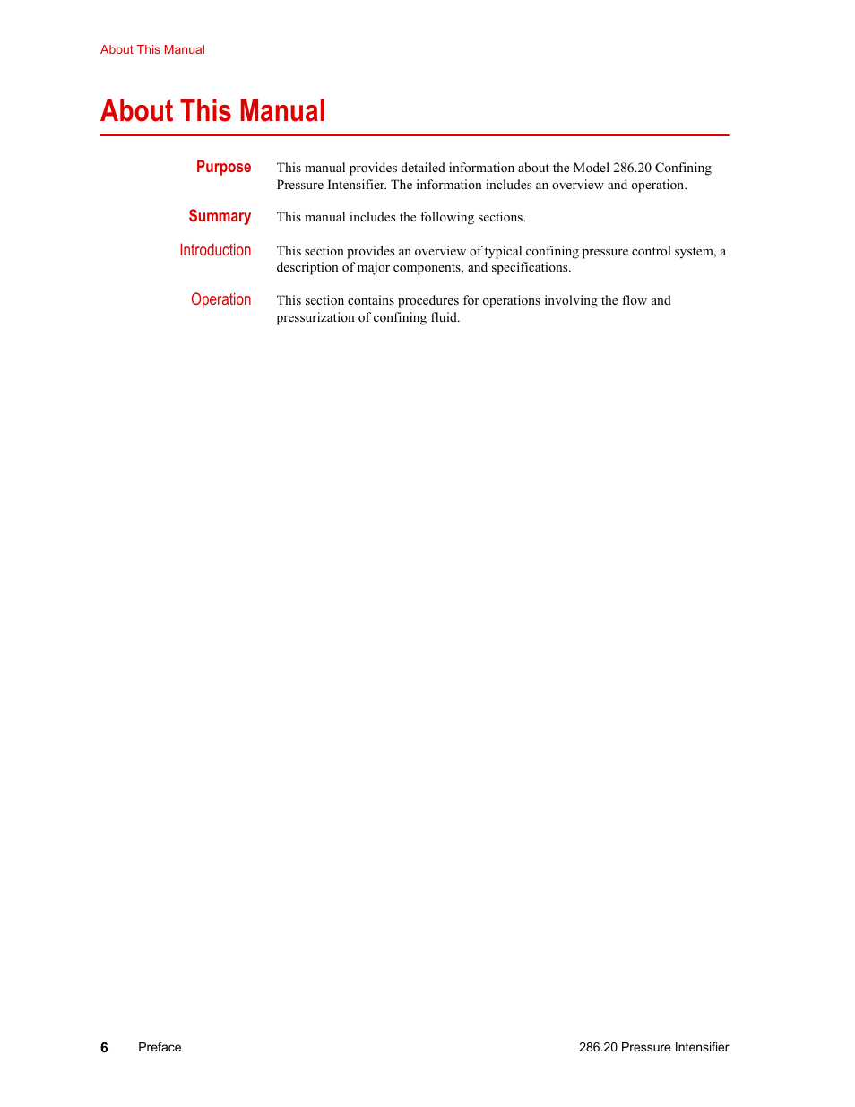 About this manual, About this manual 6 | MTS Model 286-20 Confining Pressure Intensifier User Manual | Page 6 / 46